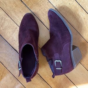 Faux suede red buckle booties